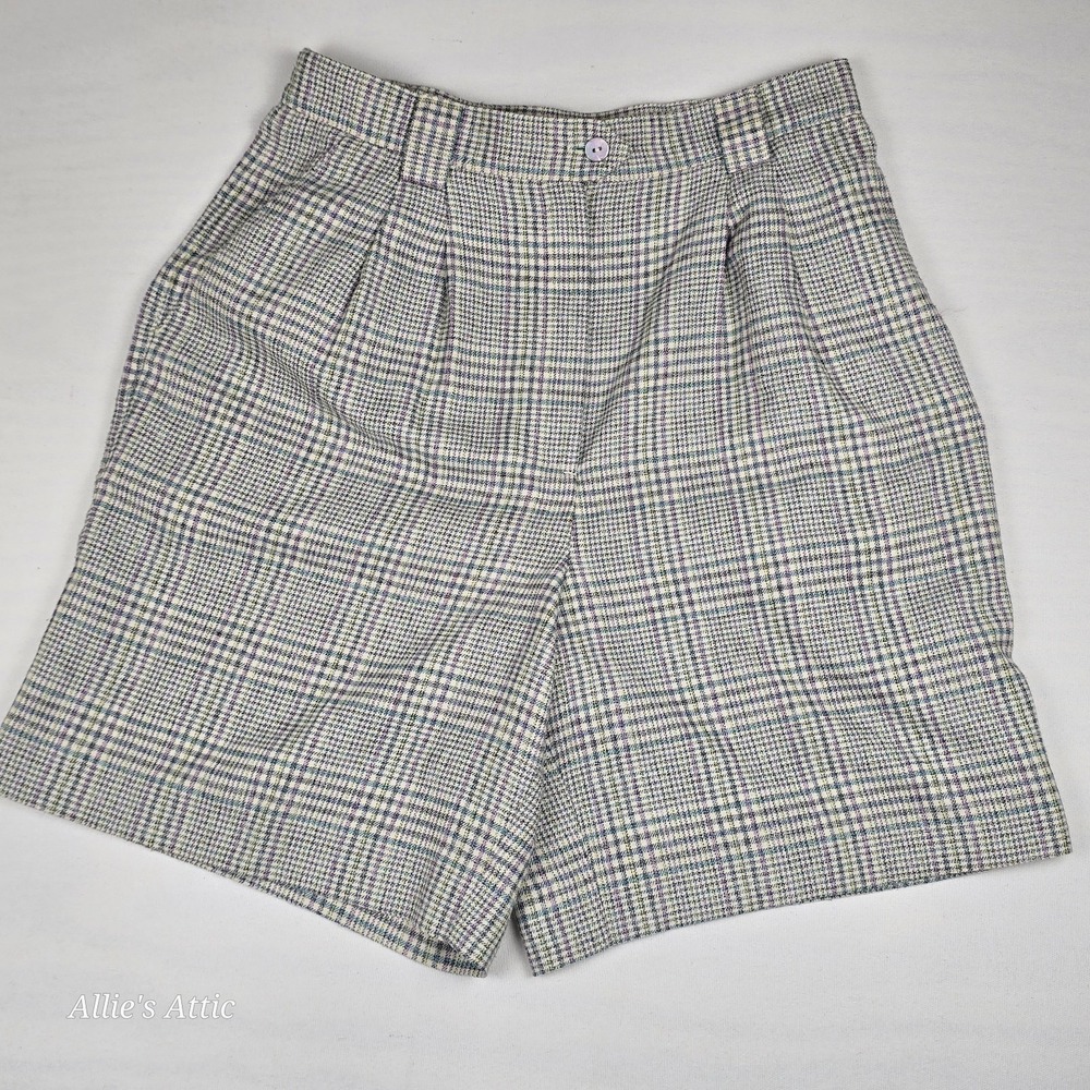 Womens 80s Shorts Plaid Pink Blue Yellow Black White High Rise Chino Tail 12